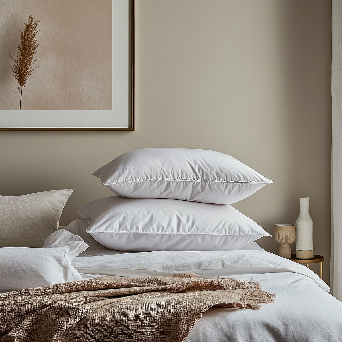 Mehrere weiße Kopfkissen gestapelt auf einem Bett.