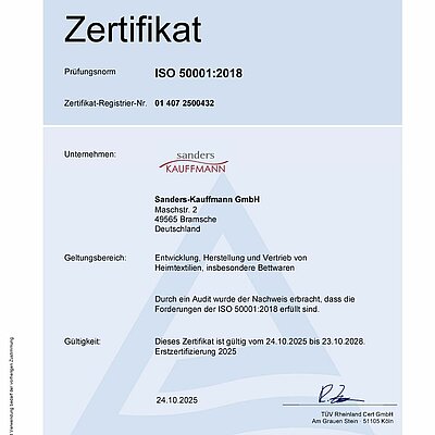 Bild des ISO 50001 Zertifikats für Energiemanagement, mit Firmenname und Ausstellungsdatum.