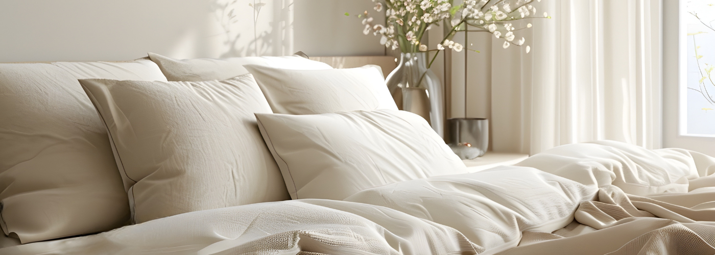 Gemachtes Bett mit beigen Kissen und Decken in einem hell eingerichteten Schlafzimmer.