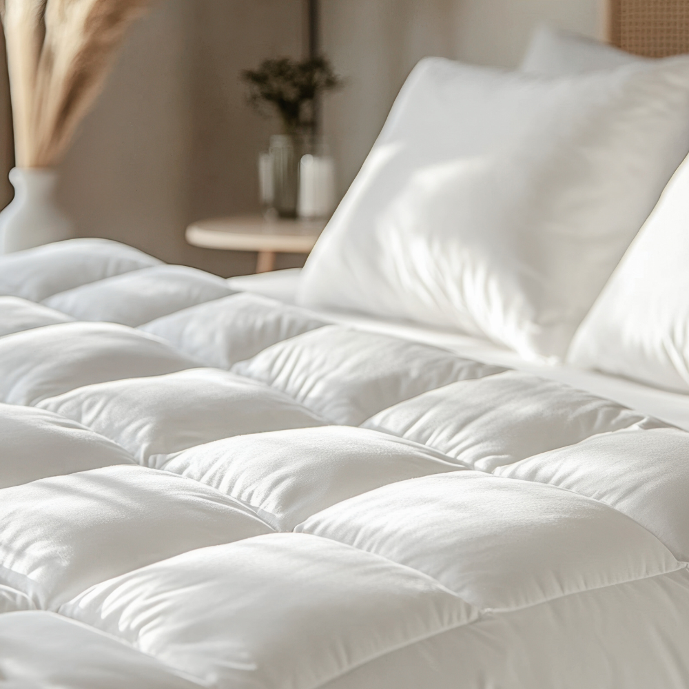 Nahaufnahme einer weißer Bettdecke ohne Bezug.