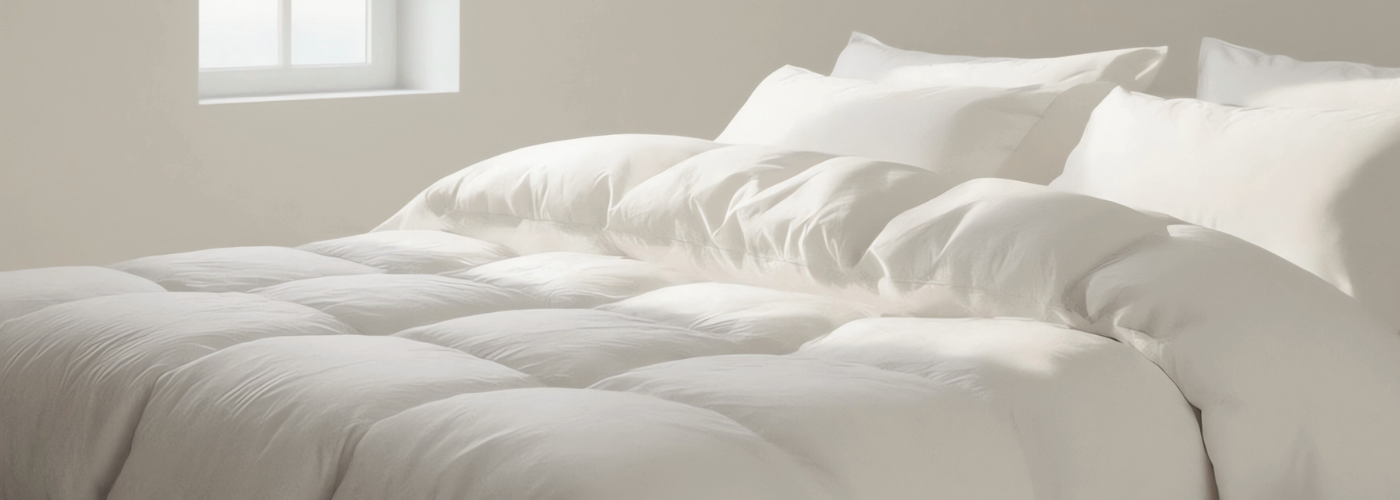 Bett mit weißer Bettdecke und weißen Kopfkissen ohne Bezug.