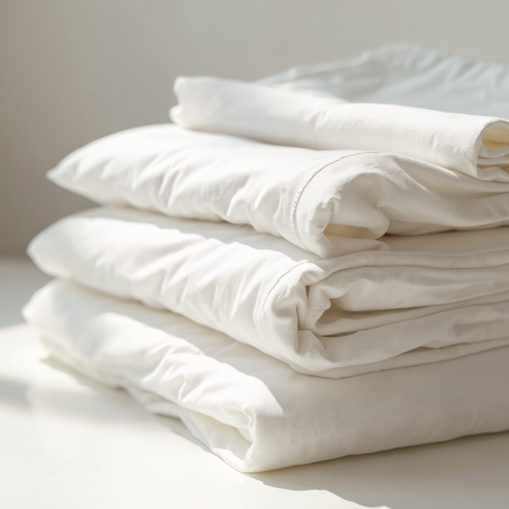 Mehrere Kissenhüllen ordentlich gefaltet aufeinander gestapelt.