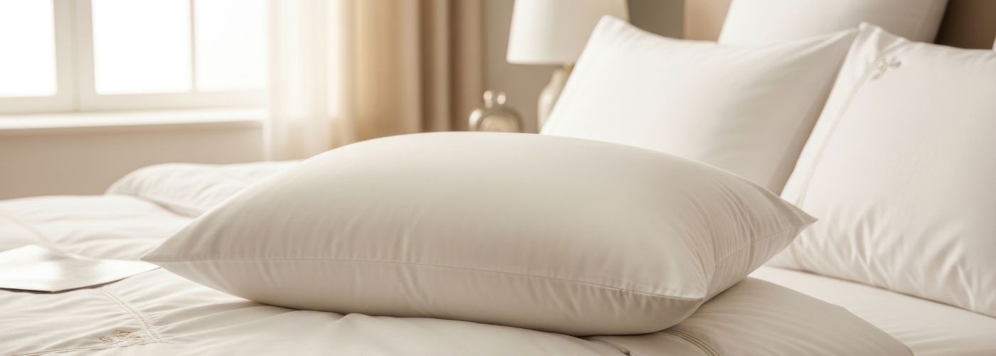 Ein gemachtes Bett mit einem beigen Kissen vorn und mehreren beigen Kissen und Decken dahinter.