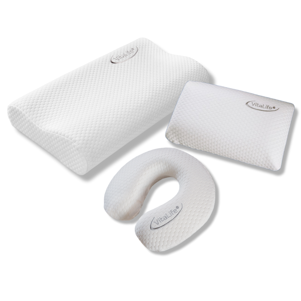 Weißes Nackenstützkissen, Reisekissen und Nackenhörnchen.