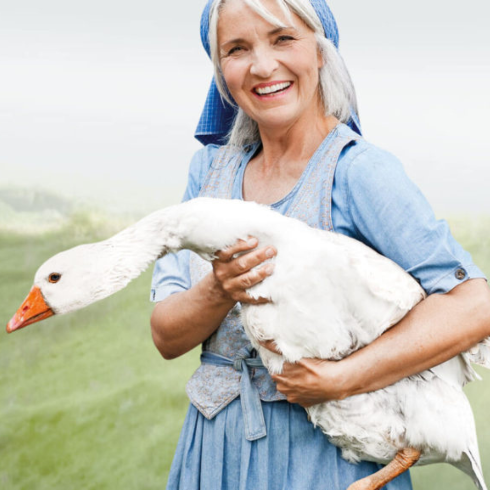 Frau im blauen Kleid hält eine weiße Gans auf dem Arm, stehend auf einer grünen Wiese.
